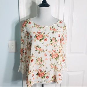 Marisol Cream & Pink Floral Crochet Sleeve Blouse Top Size Large